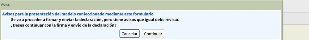 Aviso antes de firmar: pulsa Continuar