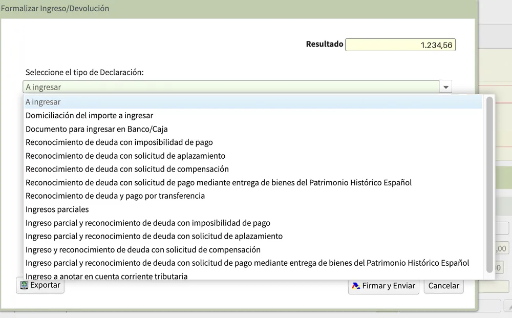 Lista de tipo de declaración: elige Domiciliación del importe a ingresar